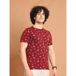 Men's Casual Cotton Printed Round Neck Half Sleeve T-Shirt (Maroon) - Image 3