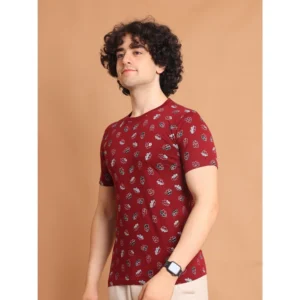 Men's Casual Cotton Printed Round Neck Half Sleeve T-Shirt (Maroon) - Image 4