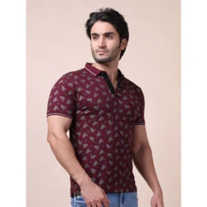 Men's Casual Cotton Printed Polo Neck Half Sleeve T-Shirt (Plum) - Image 4