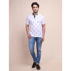 Men's Casual Cotton Printed Polo Neck Half Sleeve T-Shirt (White) - Image 7