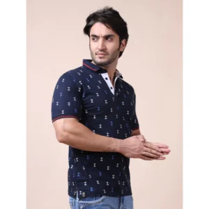 Men's Casual Cotton Printed Polo Neck Half Sleeve T-Shirt (Navy) - Image 3