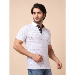 Men's Casual Cotton Printed Polo Neck Half Sleeve T-Shirt (White) - Image 4
