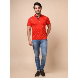 Men's Casual Cotton Printed Polo Neck Half Sleeve T-Shirt (Red) - Image 7