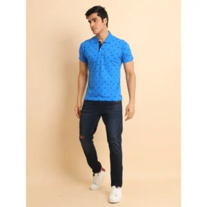 Men's Casual Cotton Printed Polo Neck Half Sleeve T-Shirt (Blue) - Image 7