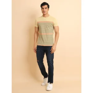 Men's Casual Cotton Printed Round Neck Half Sleeve T-Shirt (Beige) - Image 7