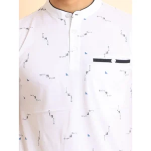 Men's Casual Cotton Printed Mandarin Collar Half Sleeve T-Shirt (White) - Image 6