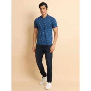 Men's Casual Cotton Printed Polo Neck Half Sleeve T-Shirt (Blue) - Image 7