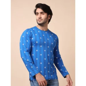 Men's Casual Cotton Printed Round Neck Full Sleeve T-Shirt (Blue) - Image 4