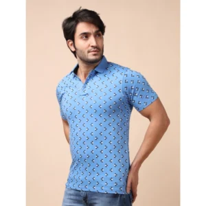 Men's Casual Cotton Printed Polo Neck Half Sleeve T-Shirt (Blue) - Image 3