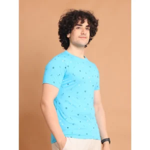 Men's Casual Cotton Printed Round Neck Half Sleeve T-Shirt (Skyblue) - Image 3