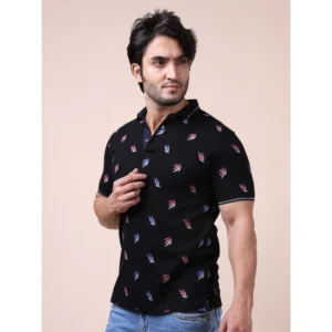 Men's Casual Cotton Printed Polo Neck Half Sleeve T-Shirt (Black) - Image 3