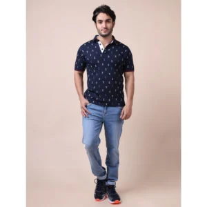 Men's Casual Cotton Printed Polo Neck Half Sleeve T-Shirt (Navy) - Image 7