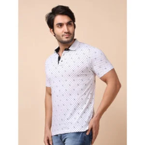 Men's Casual Cotton Printed Polo Neck Half Sleeve T-Shirt (White) - Image 3