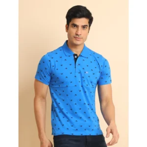 Men's Casual Cotton Printed Polo Neck Half Sleeve T-Shirt (Blue) - Image 3