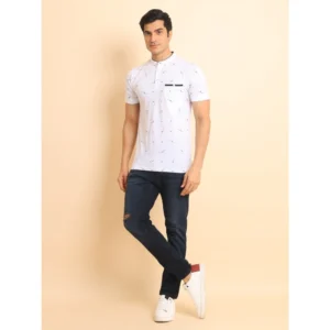 Men's Casual Cotton Printed Mandarin Collar Half Sleeve T-Shirt (White) - Image 7