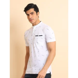 Men's Casual Cotton Printed Mandarin Collar Half Sleeve T-Shirt (White) - Image 4
