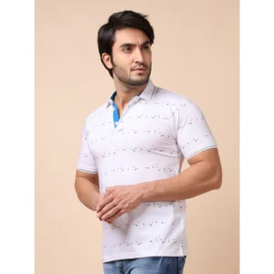Men's Casual Cotton Printed Polo Neck Half Sleeve T-Shirt (White) - Image 3