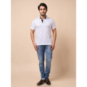 Men's Casual Cotton Printed Polo Neck Half Sleeve T-Shirt (White) - Image 7