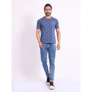 Men's Casual Cotton Printed Round Neck Half Sleeve T-Shirt (Blue) - Image 7