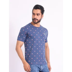 Men's Casual Cotton Printed Round Neck Half Sleeve T-Shirt (Blue) - Image 4