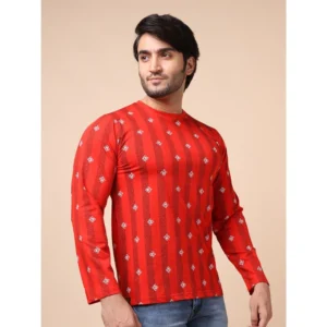 Men's Casual Cotton Printed Round Neck Full Sleeve T-Shirt (Red) - Image 4