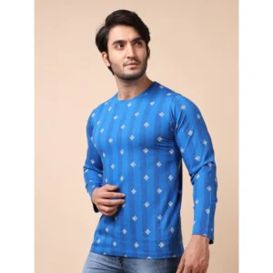 Men's Casual Cotton Printed Round Neck Full Sleeve T-Shirt (Blue) - Image 3