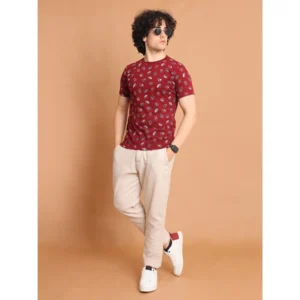 Men's Casual Cotton Printed Round Neck Half Sleeve T-Shirt (Maroon) - Image 7