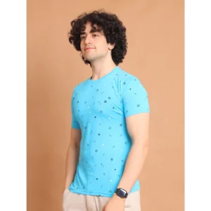 Men's Casual Cotton Printed Round Neck Half Sleeve T-Shirt (Skyblue) - Image 4