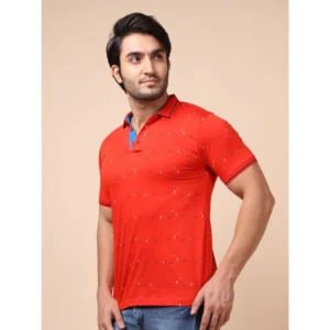 Men's Casual Cotton Printed Polo Neck Half Sleeve T-Shirt (Red) - Image 3