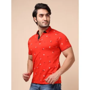 Men's Casual Cotton Printed Polo Neck Half Sleeve T-Shirt (Red) - Image 3