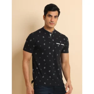 Men's Casual Cotton Printed Mandarin Collar Half Sleeve T-Shirt (Black) - Image 3