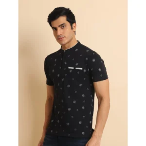 Men's Casual Cotton Printed Mandarin Collar Half Sleeve T-Shirt (Black) - Image 4