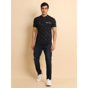 Men's Casual Cotton Printed Mandarin Collar Half Sleeve T-Shirt (Black) - Image 7