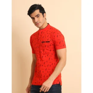 Men's Casual Cotton Printed Mandarin Collar Half Sleeve T-Shirt (Red) - Image 4