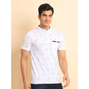 Men's Casual Cotton Printed Mandarin Collar Half Sleeve T-Shirt (White) - Image 3