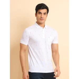Men's Casual Cotton Printed Polo Neck Half Sleeve T-Shirt (White) - Image 3