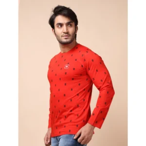 Men's Casual Cotton Printed Round Neck Full Sleeve T-Shirt (Red) - Image 3
