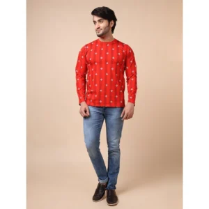 Men's Casual Cotton Printed Round Neck Full Sleeve T-Shirt (Red) - Image 7