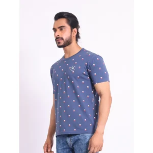Men's Casual Cotton Printed Round Neck Half Sleeve T-Shirt (Blue) - Image 3