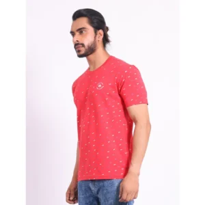 Men's Casual Cotton Printed Round Neck Half Sleeve T-Shirt (Red) - Image 3