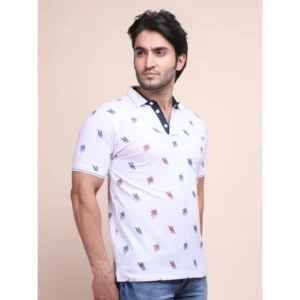 Men's Casual Cotton Printed Polo Neck Half Sleeve T-Shirt (White) - Image 3