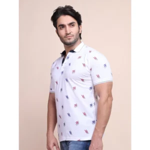 Men's Casual Cotton Printed Polo Neck Half Sleeve T-Shirt (White) - Image 4
