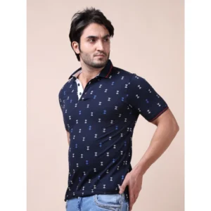 Men's Casual Cotton Printed Polo Neck Half Sleeve T-Shirt (Navy) - Image 4