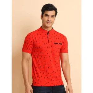 Men's Casual Cotton Printed Mandarin Collar Half Sleeve T-Shirt (Red) - Image 3