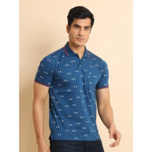 Men's Casual Cotton Printed Polo Neck Half Sleeve T-Shirt (Blue) - Image 3