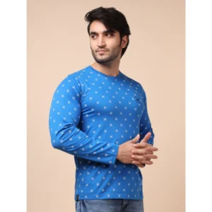 Men's Casual Cotton Printed Round Neck Full Sleeve T-Shirt (Blue) - Image 4
