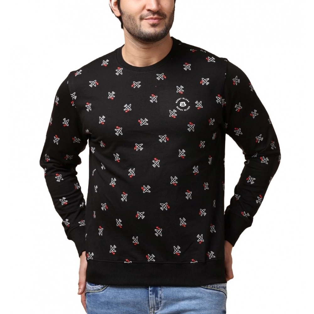 Men's Casual Cotton Printed Round Neck Full Sleeve Sweat T-Shirt (Black)