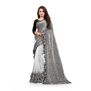 Women's Silk With Mirror Lace Solid Saree With Unstitched Blouse (Grey, 5-5 Mtrs) - Image 2