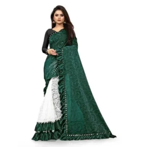 Women's Silk With Mirror Lace Solid Saree With Unstitched Blouse (Green, 5-5 Mtrs) - Image 2