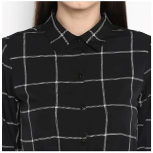 Women's Polyester Checkered Roll Up Sleeve Above Knee Dress (Black - White) - Image 2